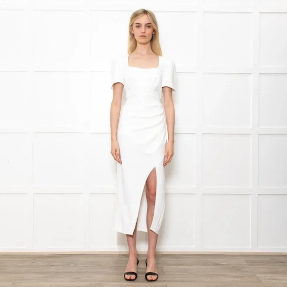 Self-Portrait White Crepe Midi Dress With Short Sleeves - Picture 1 of 10